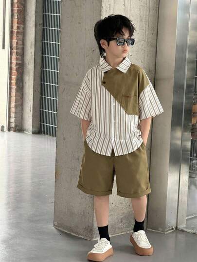 SHEIN 2pcs Kids/Tween Boys' Casual Korean Style Solid Color Polo Collar Applique Loose Short Sleeve Shirt And Woven Shorts Set, Black And White, Suitable For Commuting, School, Daily Casual, Travel, Sports, Spring/Summer/Autumn/Winter Outfits Y2k Vacation Tendencias Ss26 Streetwear  Burgundy Holiday Vintage Boho Festival Gras Party Cute Birthday Boys Modest Casual Cozy