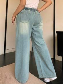 Dazy Plus Plus Size Elastic Waist Drawstring Tie Loose Wide Leg Vintage Washed Faded Long Denim Jeans, All Season,Baggy Jeans - Light Wash - View 2