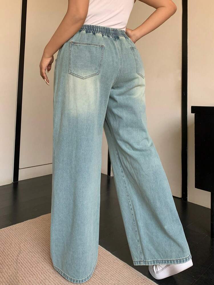 Dazy Plus Plus Size Elastic Waist Drawstring Tie Loose Wide Leg Vintage Washed Faded Long Denim Jeans, All Season,Baggy Jeans