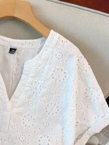 GlowEve CURVE Plus Size Women's Casual Solid Color Hollow Out Embroidery Shirt And Shorts 2-Piece Set, Spring/Summer - White - View 7