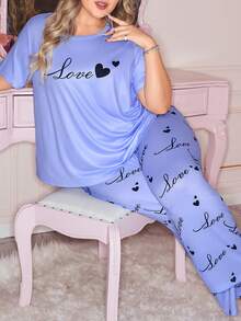 Slumberry CURVE Cute Ins Contrast Color Valentine's Day Love Print Round Neck Long Sleeve Loose Comfortable Black Plus Size Pajama Set - Baby Blue - View 6