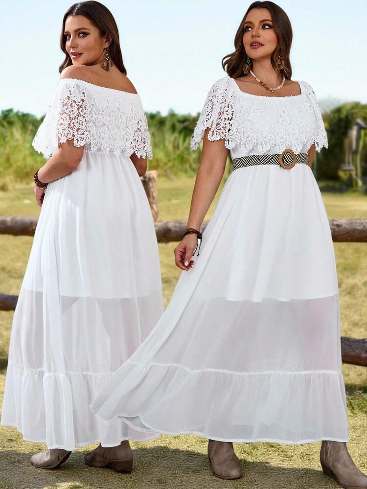 Plus Size Women's Summer Casual Vacation Country Solid Color All-White Lace Embroidery Splice Off Shoulder Flowy Dress, Spring/Summer\Vacation\White,Summer Holiday,Spring Break Outfits ,Vacation Outfits Women ,Holiday Outfits For Women,Going Out Outfits,2026 New Clothes,Simple And Fashionable For Everyday Wear, Wedding Guest Dresses,Casual Dresses For Women,Flowy Long Dress ,Suitable For Summer, Vacation, Commute, Daily Wear