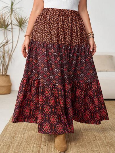 EMERY ROSE 大码女式休闲百搭混色印花A字裙