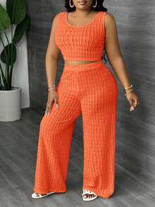 Slaydiva Plus Size Solid White Long Casual Vest And Wide Leg Pants 2 Pieces Set, Spring/Summer - Orange - View 6