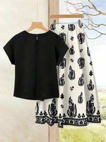 Rusticease 女士度假休闲纯色上衣+印花半裙两件套，女士夏季套装，夏季半裙套装，半裙上衣套装，女士半裙上衣套装，印花半裙套装，女士度假套装，女士夏季套装，女士夏季两件套，女士休闲两件套 - 彩色 - 查看 3