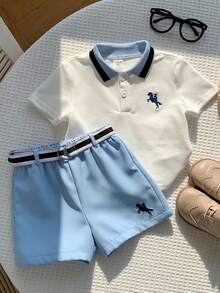 SHEIN Bộ 3 món áo polo dễ thương cho bé trai/bé gái, kiểu dáng thường ngày, kèm thắt lưng, thích hợp cho mùa xuân/hè. - Màu xanh lam - Xem 8