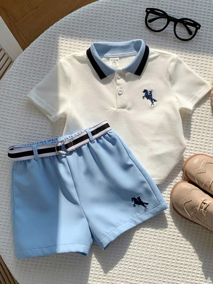 SHEIN 3件套婴儿/男婴休闲可爱polo衫套装，含腰带，春夏款 - 藍色 - 查看 1