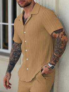 Manfinity Homme Men's Casual Solid Color Short Sleeve Shirt, Summer - Khaki - View 3