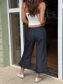 Sunnyshic Women's Loose Casual Flare Leg Jeans With Zipper Front And Ruffle Hem - Blue - View 2