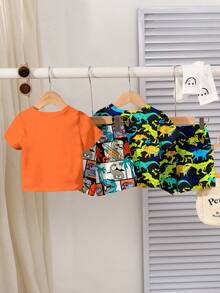 SHEIN 4件套男婴休闲卡通恐龙印花T恤套装，经典时尚，适合春夏度假穿着 - 彩色 - 查看 4