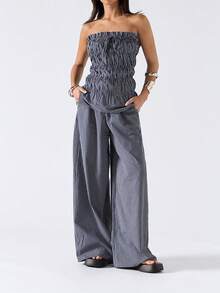 LYSMO Bộ đồ nữ thường ngày kẻ caro gồm áo quây và quần, thích hợp cho mùa hè. - Màu xanh hải quân - Xem 5