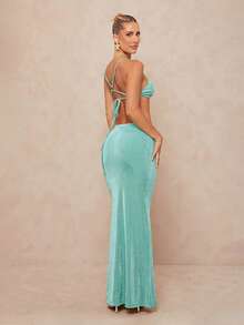 Lumalex Metal Hoop Decor Halter Backless Low Waist Hollow Out Mermaid Maxi Skirt 2 Pieces Set For Women - Mint Blue - View 8