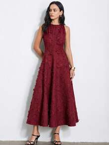 Aveloria Modichic New Arrival Elegant Commuter Style Cutout Decor Extra Long Flared Dress, Special Fabric - Rose Red - View 3