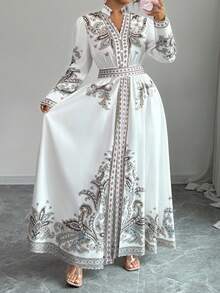 Elenzga Robe vintage élégante à col mao, épaules régulières, manches longues et taille cintrée, grande taille - Blanc - Voir 4