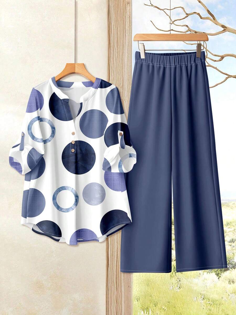 Rusticease 女士几何印花V领上衣和松紧腰阔腿裤两件套休闲套装 - 霧霾藍 - 查看 1