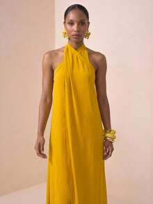 Zivah 2025春季新款音乐节休闲度假芥末黄露背吊带A字连衣裙 - 黃色 - 查看 6