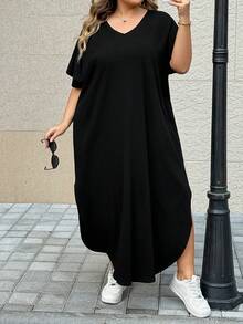 SHEIN CURVE+ Plus Size Women's Spring/Summer New Fashion Commuter Casual Pocket Design Split Robe - Black - View 4