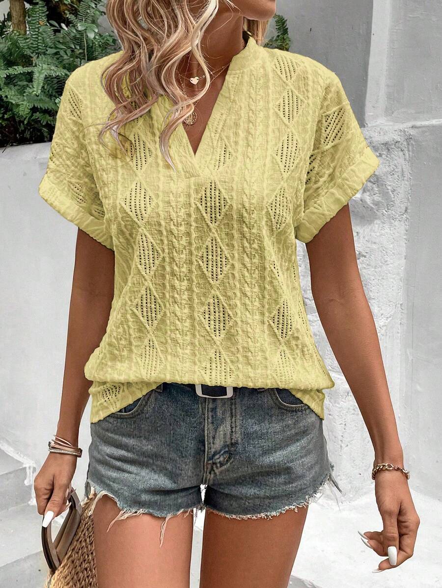 EMERY ROSE Summer Vacation Casual Solid Color Textured Notch Neck T-Shirt - Yellow - View 1