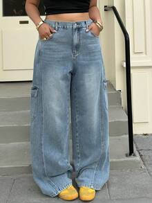 Dazy Plus Washed Blue Distressed Cat Whisker Side Pocket Loose Wide Leg Casual Jeans, All Season - Light Wash - View 7