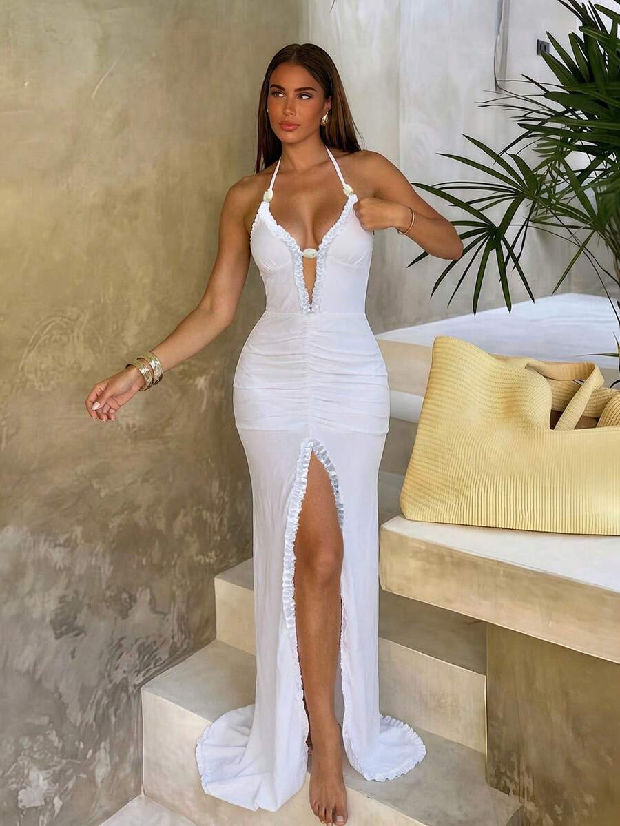 Bonvoyette Vestido largo y transparente elegante de color blanco como cubierta para el verano - Blanco - Ver 1