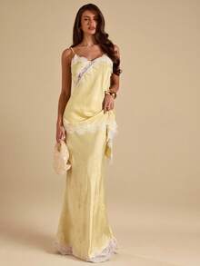 SHEIN BAE 奶油黄色提花蕾丝边缎面优雅鱼尾裙，女士春夏款，优雅黄色提花蕾丝缎面裙，夏季 - 黃色 - 查看 4