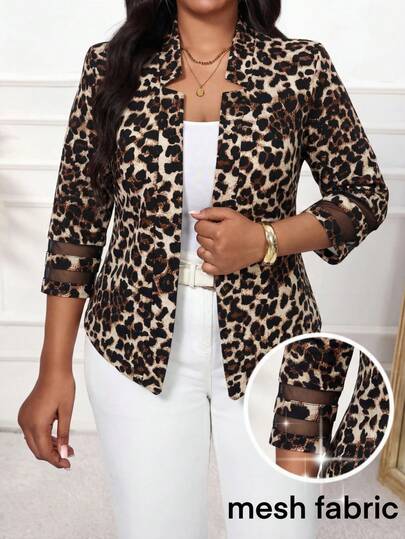 SHEIN Lady CURVE Elegant Black Knit Round Neck Long-Sleeved Color-Blocked Mesh Top; Business Casual Women's Wear; Plus-Size Office Wear; Women's Leopard Print Blazer; Animal Print Blazer; Leopard Print Jacket; Cheetah Print; Teacher's Uniform. Summer Dress Festival Dresses Wedding Guest Dress For Women