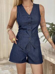 Livesso Vintage Washed Blue Sleeveless Denim Vest Cardigan Top & Shorts Set, Casual Vacation Style, Suitable For Spring & Summer, Wedding, Commuting - Medium Wash - View 5