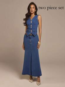 COSMINA Women's Elegant Sleeveless Regular Fit Denim Suit, Suitable For Commuting, Outing, Dating, And Daily Wear In Early Spring - Medium Wash - View 1