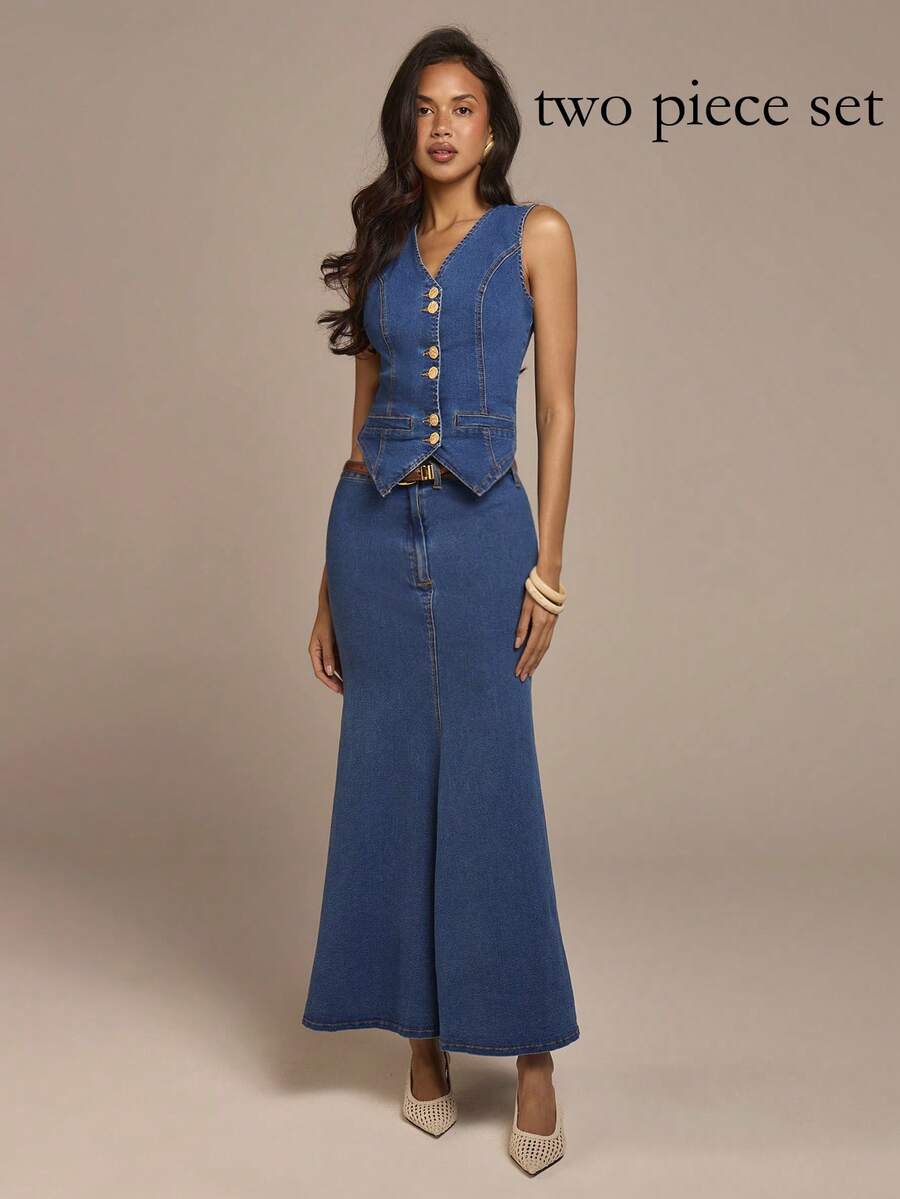 COSMINA Women's Elegant Sleeveless Regular Fit Denim Suit, Suitable For Commuting, Outing, Dating, And Daily Wear In Early Spring - Medium Wash - View 1