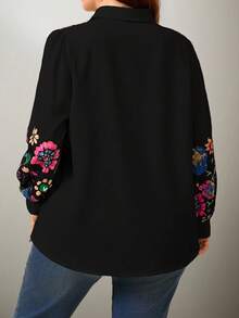 SHEIN Clasi 大码印花休闲衬衫，春秋新款黑色印花衬衫，女士上衣和衬衫，长袖休闲衬衫，女士休闲衬衫 - 彩色 - 查看 2