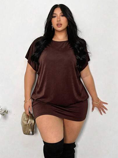 Firerie 大码女式纯色圆领休闲日常连衣裙，适合夏季穿着