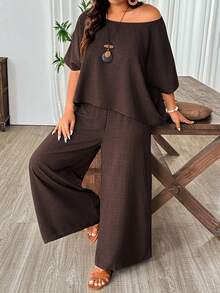 Weeklong 大码女式不对称肩部蝙蝠袖上衣和阔腿裤两件套，休闲度假成熟舒适套装，春夏款 - 棕色 - 查看 5