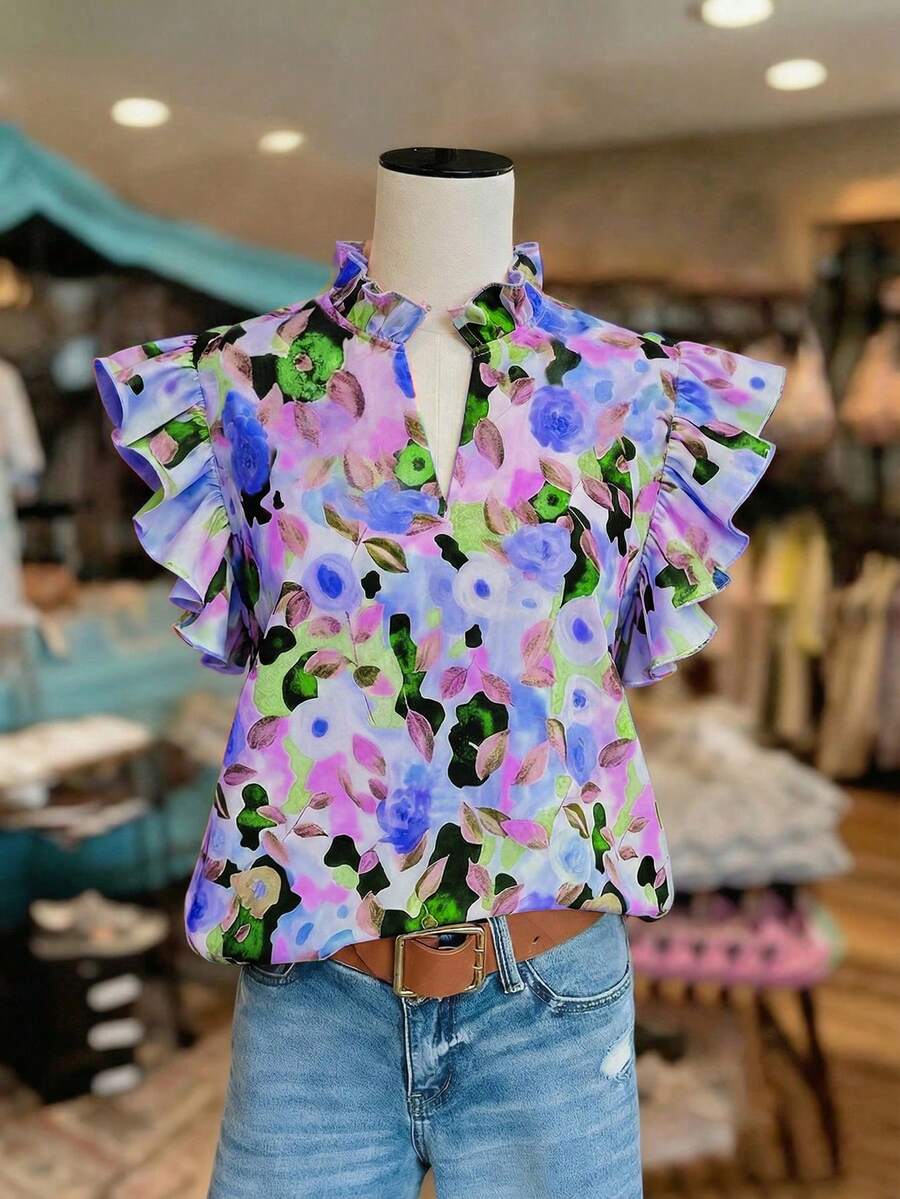 SHEIN Franclia 花卉印花装饰，浪漫假日度假风格女士V领短袖衬衫 - 彩色 - 查看 1