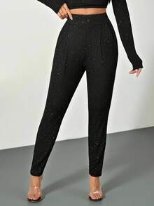 SHEIN PETITE 女士时尚通勤银箔黑色长裤 优雅女士长裤 水钻长裤 闪亮长裤 亮片长裤 女士冬季长裤 黑色长裤 优雅女士外出长裤 时尚女士长裤,黑色长裤 新年 - 黑色 - 查看 7