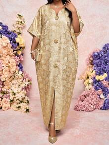 Fleurora 大码女士提花V领宽松优雅中长连衣裙 - 金色 - 查看 5