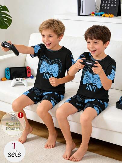 1set Young BoySpring/Summer Dinosaur Print Snug Fit Short Sleeve Pajama Set, Includes Round Neck Top And Shorts