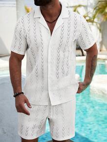 VENTUSAIL Men's Apricot Knit Hollow Striped Textured Short Sleeve & Shorts Set Mens 2 Piece Summer Sets Mens Vacation Outfit Sets Mens Summer Holiday Clothes Resort Wear Men White Beach Outfit For Men - Apricot - View 7
