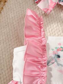 SHEIN 新生女宝宝橙色蕾丝无袖拼接白色印花连衣裙及发带，夏季新款，适合派对、聚会、晚宴及日常穿着，可爱兔子复活节假日庆祝套装 - 粉色 - 查看 6