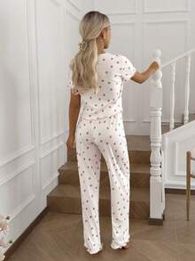 SHEIN Bộ đồ ngủ 2 món gồm áo cardigan tay ngắn in hoa và quần dài. - trắng - Xem 2