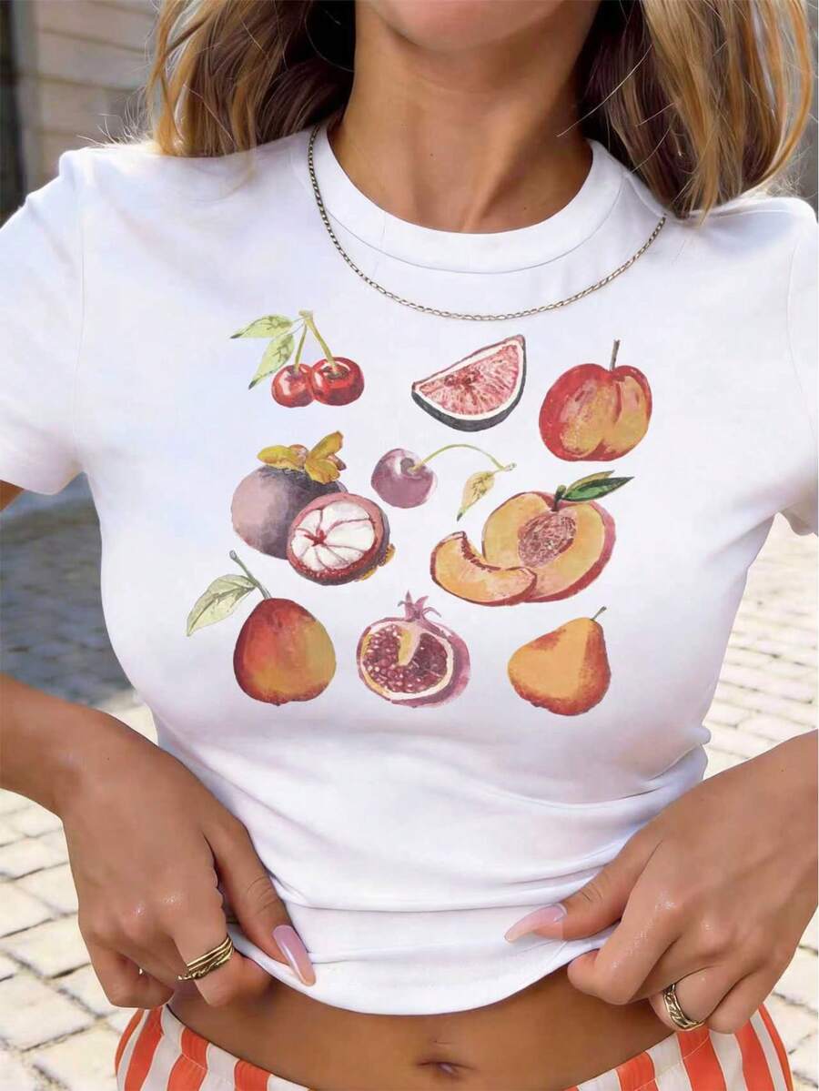 DrmWander Áo thun nữ dáng ngắn ôm sát in họa tiết trái cây, phong cách thường ngày. - trắng - Xem 1