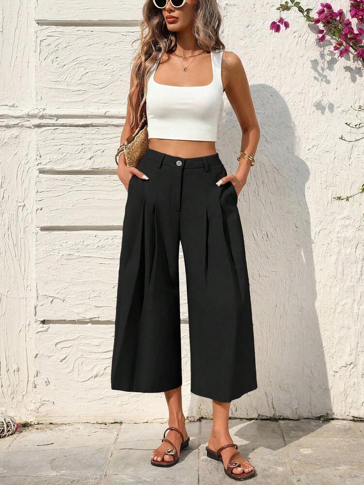 SHEIN Holidaya 女士休闲亚麻七分裤，适合休闲、海滩和居家穿着 - 黑色 - 查看 6
