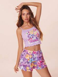 My Little Pony X SHEIN 女士荷叶边吊带背心和短裤睡衣套装，G4 - 紫色 - 查看 6