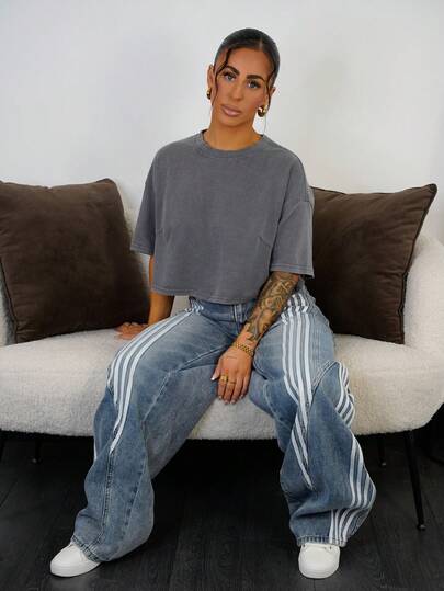 SAYEHFBABY 女式撞色条纹喇叭牛仔裤