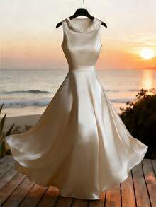 Franclia 优雅圆领珍珠点缀无袖束腰休闲连衣裙，醋酸纤维面料，A字廓形，适合通勤、休闲、度假、优雅场合、日常穿着、约会等场合。 - 杏色 - 查看 1