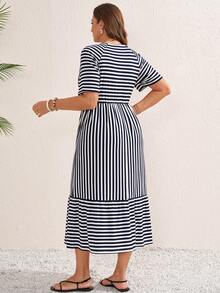 Miaspire Robe midi d'été décontractée pour femmes grandes tailles, à rayures et patchwork, manches courtes - Bleu marine - Voir 4