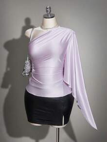 SHEIN ICON Plus Size Asymmetric Neck Ruffle Asymmetrical Flare Sleeve Satin Top, Suitable For Ball, Party, Date, Elegant Top - Mauve Purple - View 4