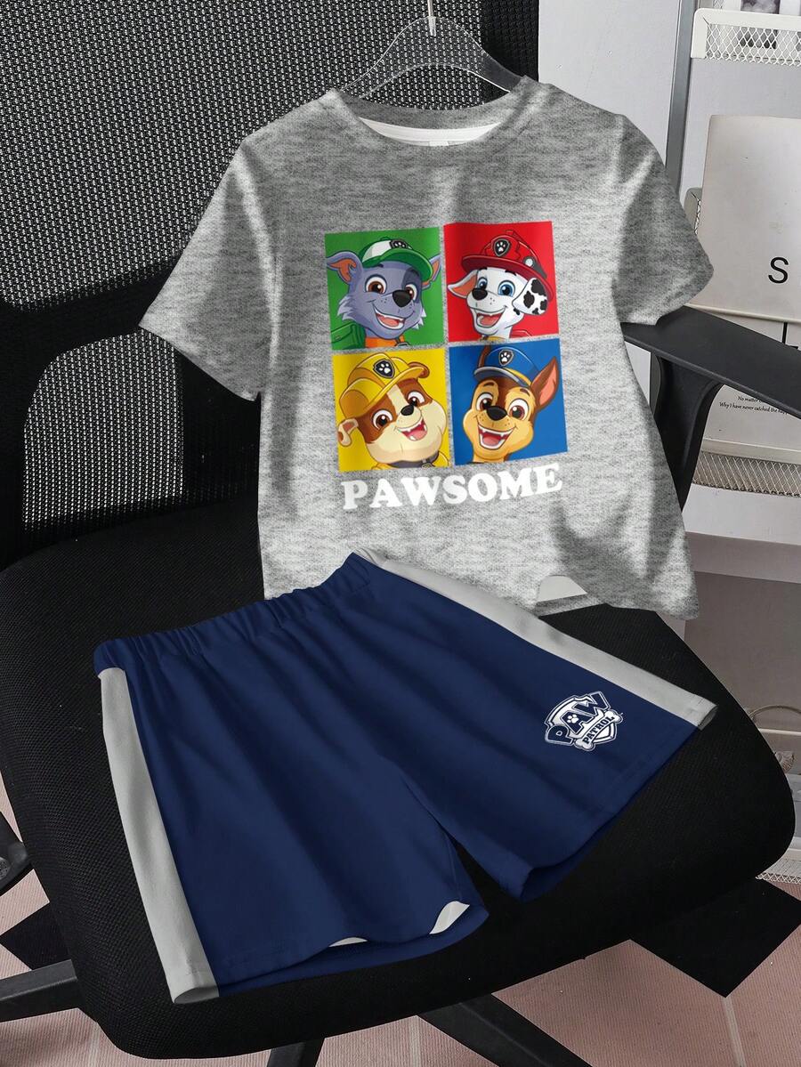 SHEIN | PAW Patrol Bộ 2 món gồm áo thun cổ tròn tay ngắn và quần short cho bé trai. - trắng - Xem 1