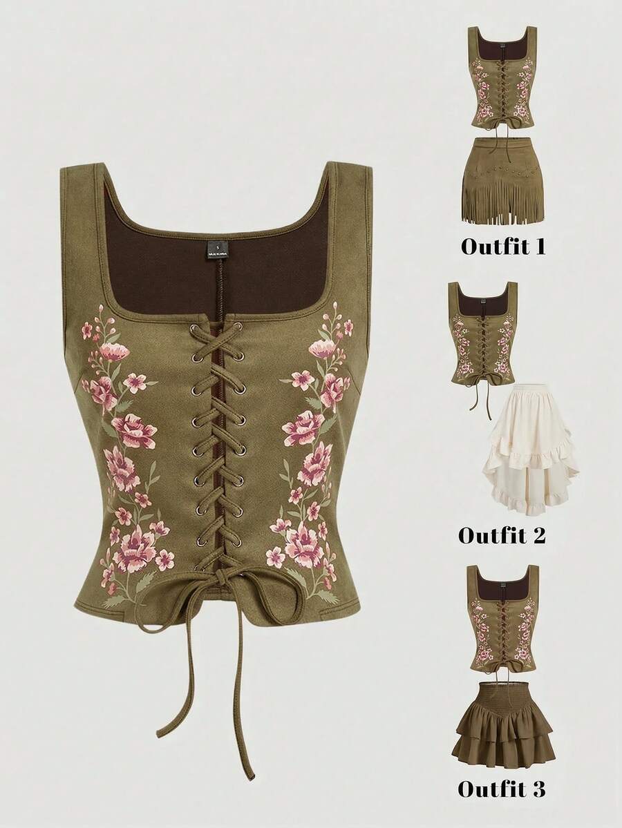 SHEIN MOD 女士印花系带方领吊带衫 - 軍綠色 - 查看 1