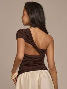 COSMINA Women's Elegant Twist Drape Shoulder Versatile Commuter Blouse, Chic And Graceful For Spring Outings, Office, Dates - Brown - View 2