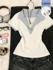 Resyla Multicolor Women's Striped Collar Short Sleeve Regular Length T-Shirt - Multicolor - View 3